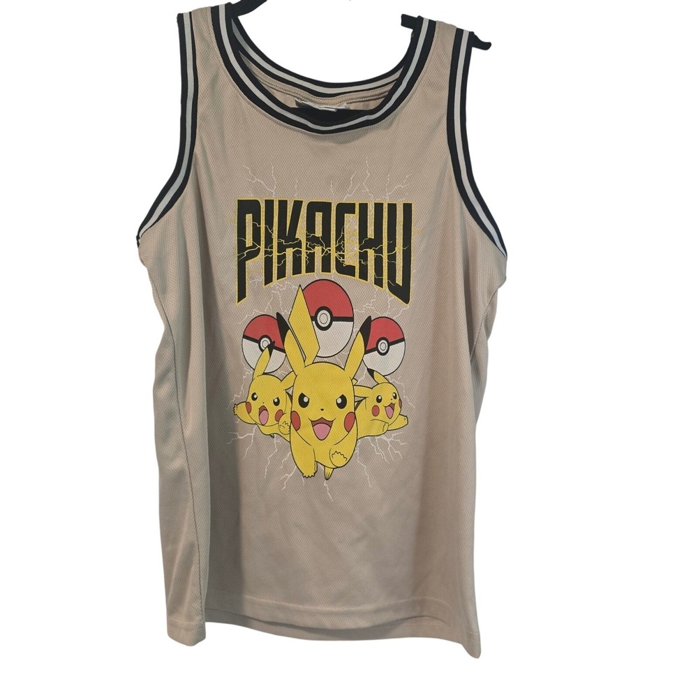 Pokemon Pikachu Graphic Basketball Jersey Tan Mesh Tank Top Kids Size M 10/12